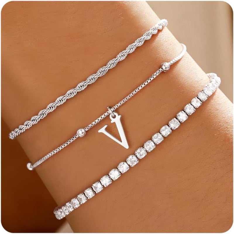JIAOGE Valentines Day Gifts for Her Kids - Dainty Gold Bracelets for Women Personalized Gold/Silver Initial Bracelet Stack Stackable Rope Box Chain Tennis Bracelets for Girls Jewelry Set - Image 1